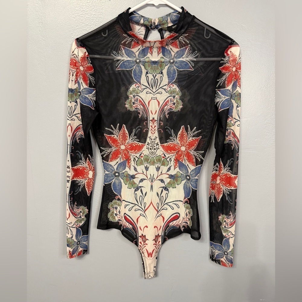 #10) Jealous Tomato Black and Red Floral mesh Bodysuit